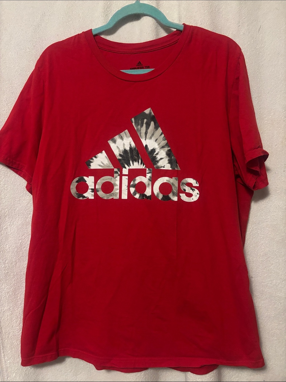 adidas Red Tee with Black & White Tie-Dye Logo